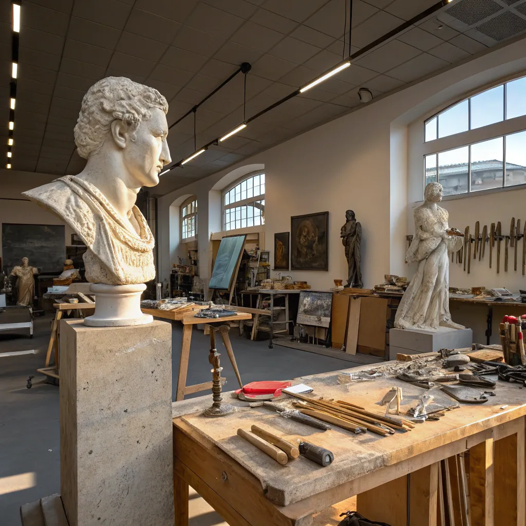 Professional sculpture studio at HALORVITH with various tools and sculptures displayed